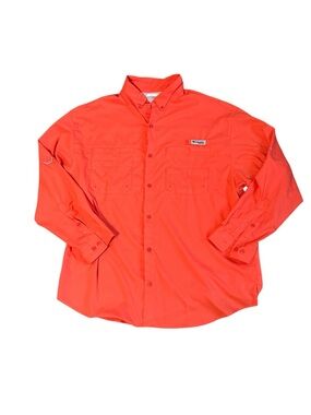 Columbia PFG Men  Long Sleeve Button-Down Fishing Shirt Bright Orange Omni Shade
